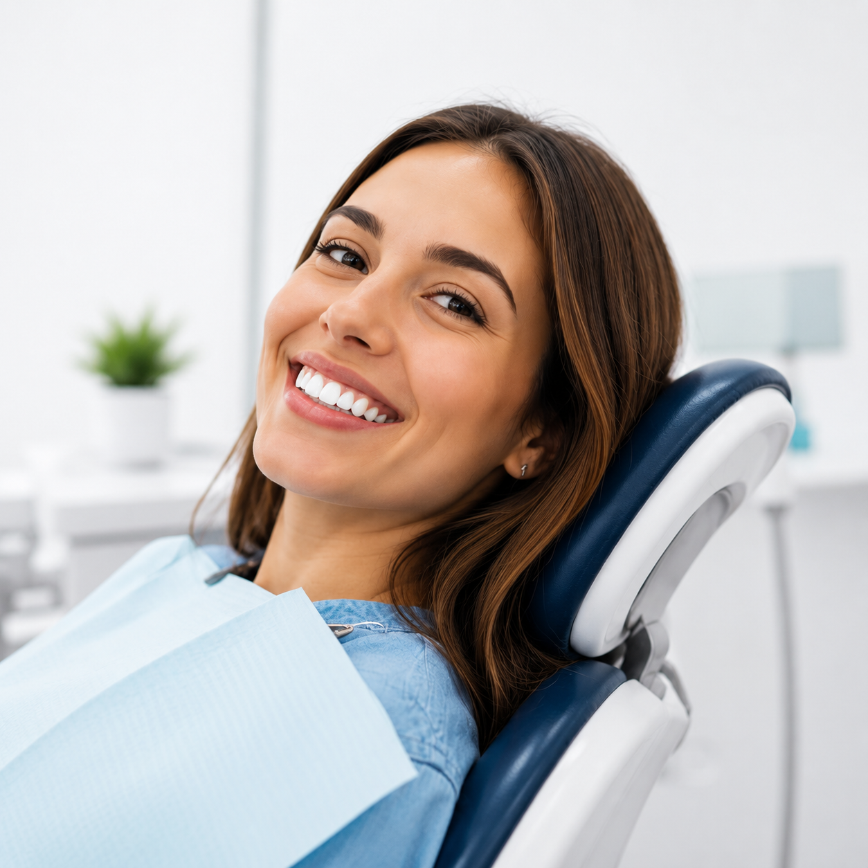 Paciente sonriendo en el consultorio dental de Clínica Dental Sonría en Puebla