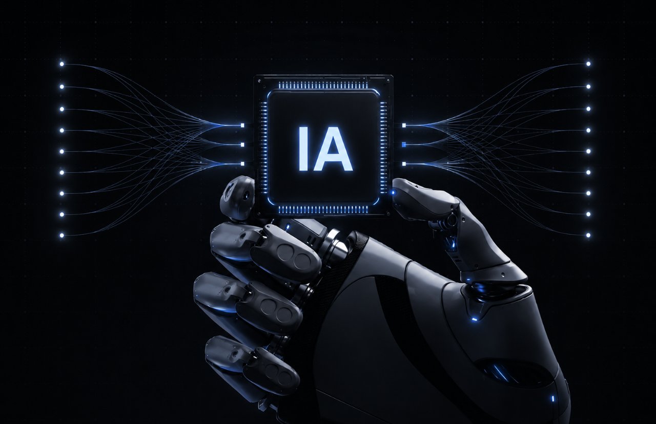 Automatización con IA — mano robótica sosteniendo un chip con flujos de datos