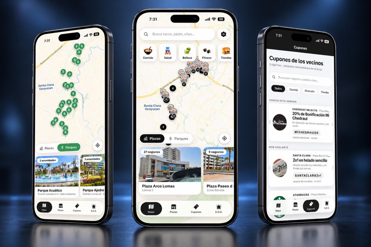 App de QuéHayEnLomas en tres iPhones: mapa de plazas y parques de Lomas de Angelópolis y cupones de negocios locales