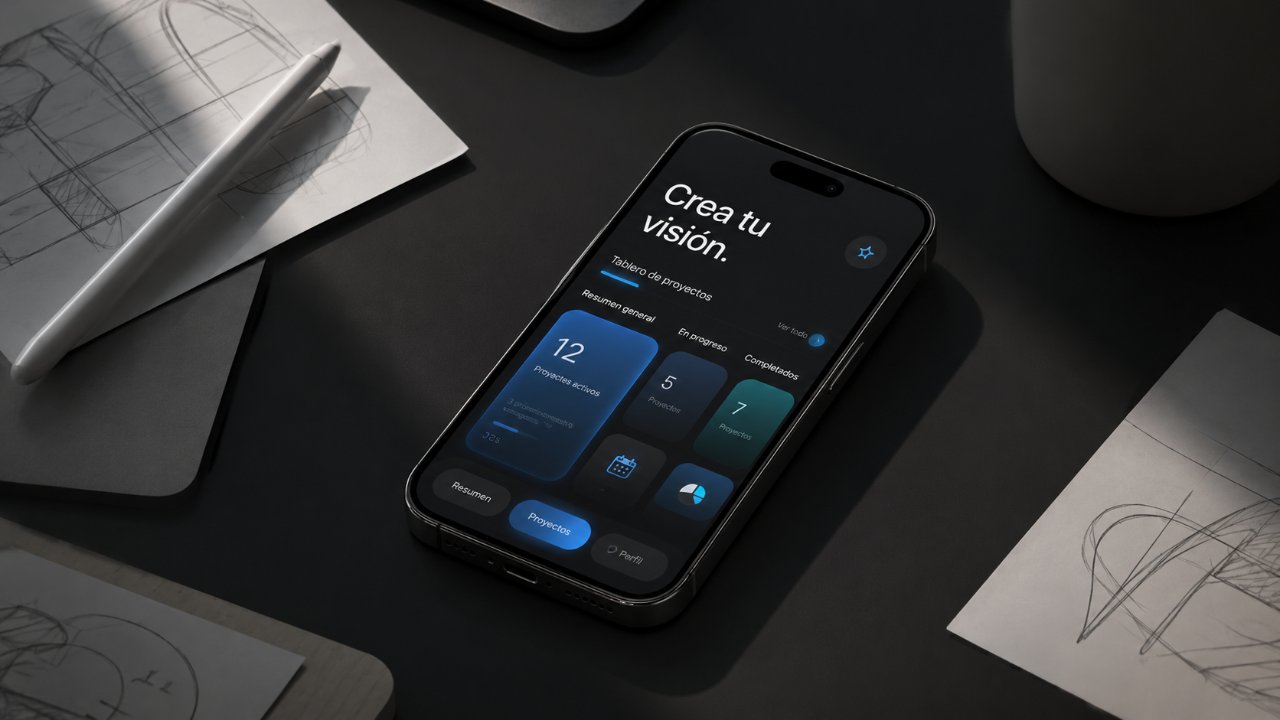 App móvil de gestión de proyectos sobre un escritorio con bocetos de diseño